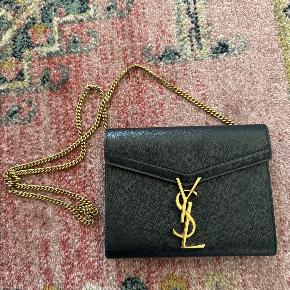 Yves Saint Laurent Black Leather Envelope Shoulder Bag with Gold Chain